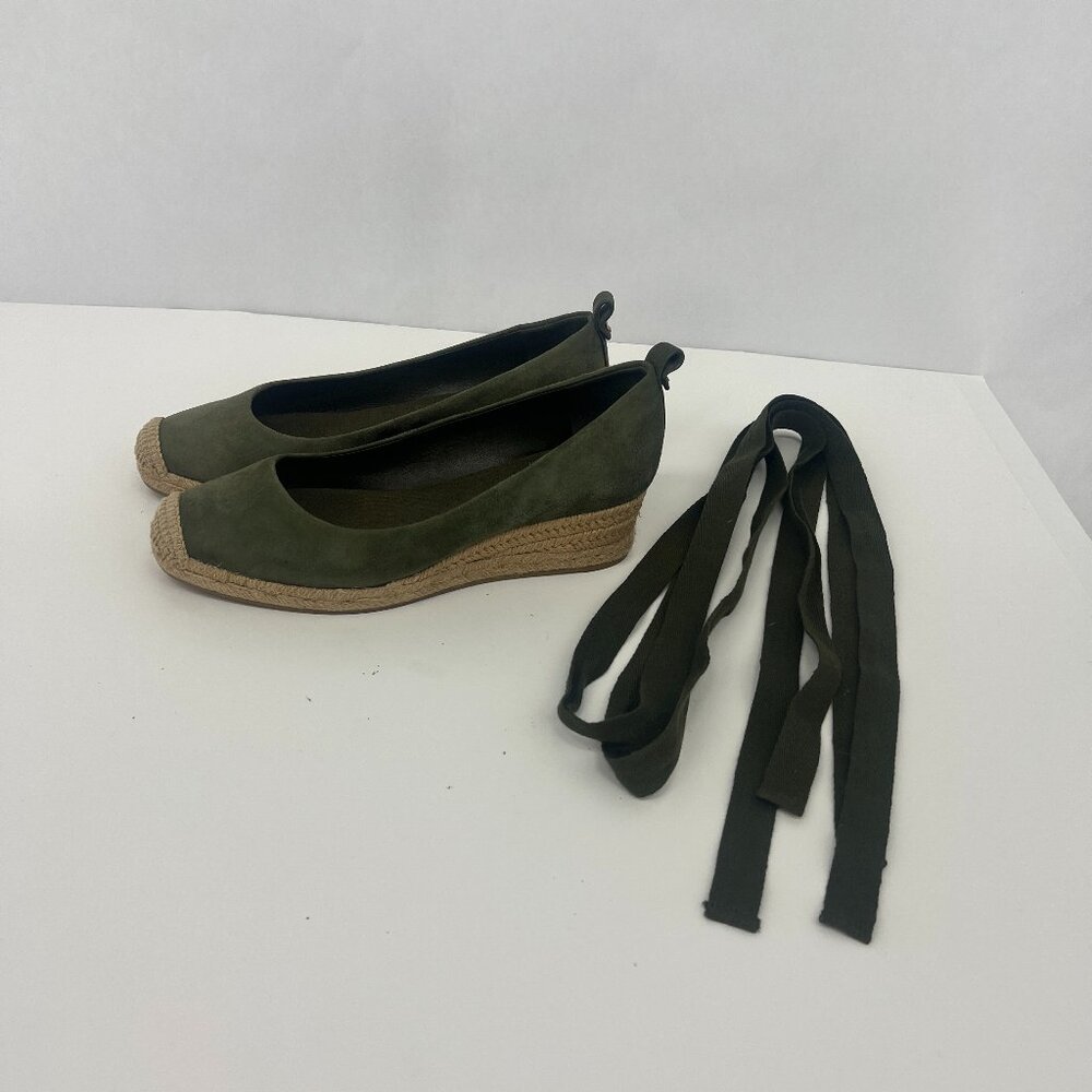 Tory Burch Heather Espadrille Ankle Wrap Wedge Leccio Green Suede - Picture 2 of 12